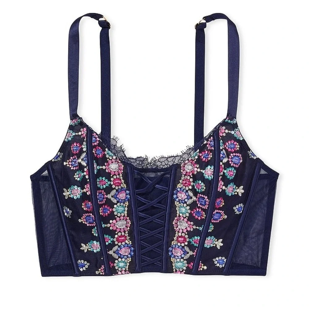 Victoria Secret‎ Top Unlined Corset Lace Bra Bejeweled Navy Embroidered